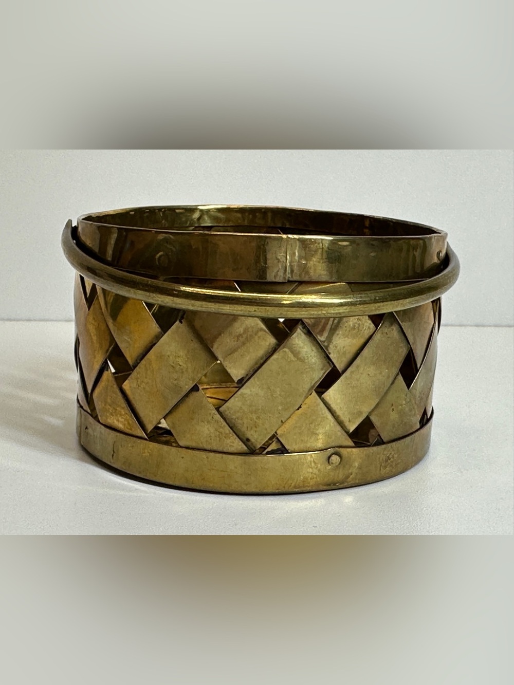 Vintage Brass Woven Round Basket with Handle